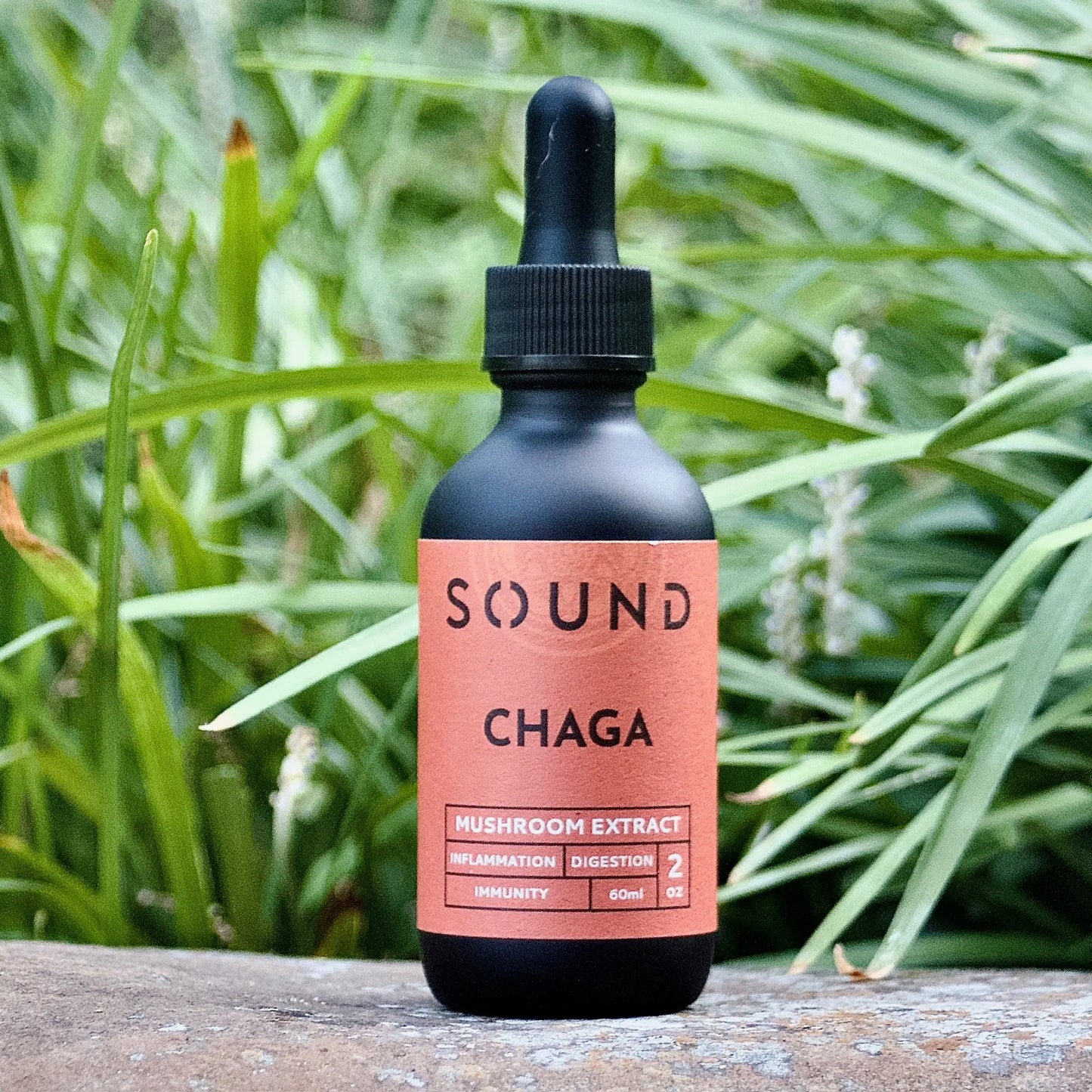 60 ml blood orange Chaga Mushroom Sound Extract bottle on rock in front of grass
