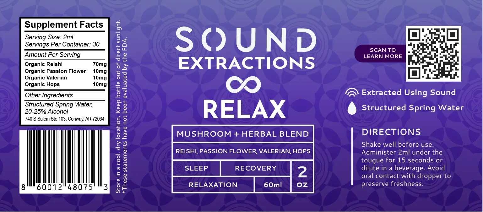 Relax Blend bottle with Reishi, Passion Flower, Valerian, and Hops