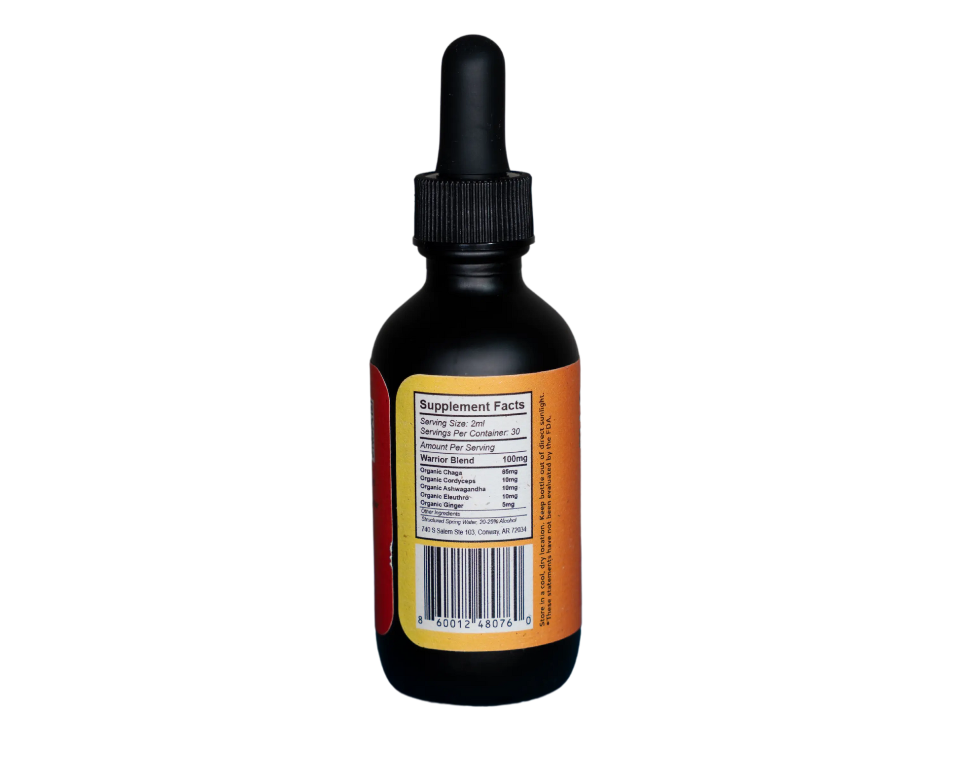 Nutritional Label on back of Burnt orange Warrior Blend Mushroom and Herbal Sound Extract 60 ml dropper bottle