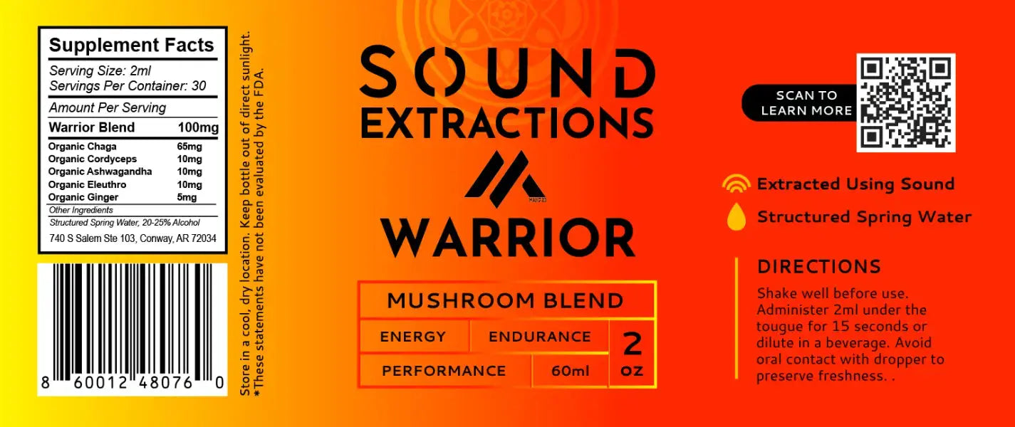 Yellow to Burnt orange gradient label for Warrior Blend Mushroom and Herbal Sound Extract