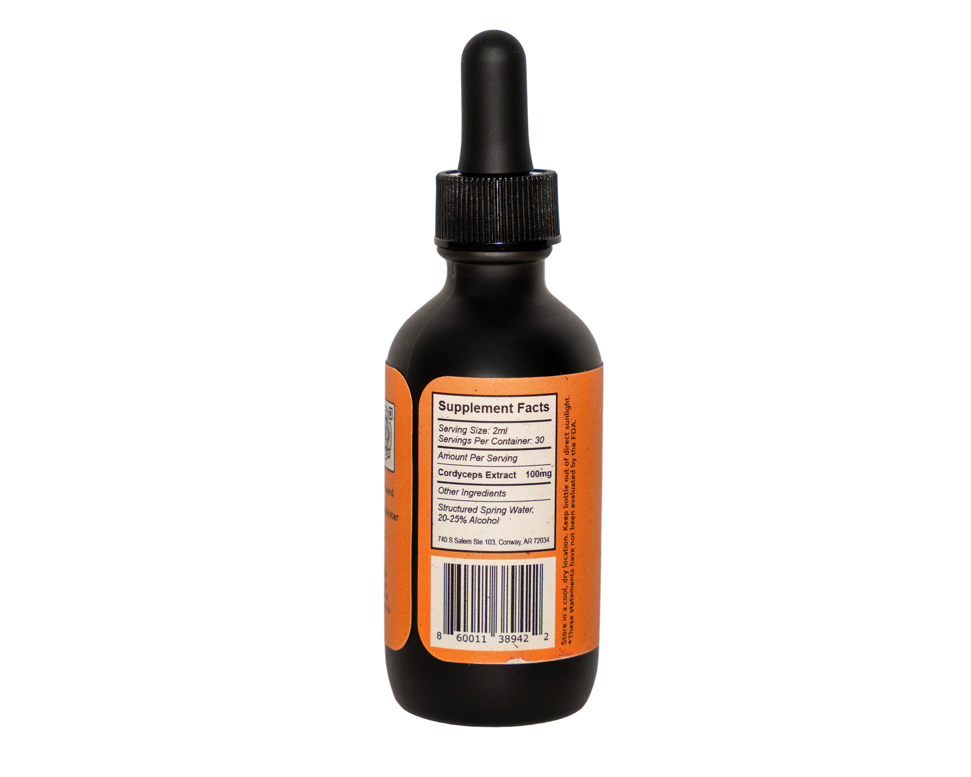 Nutrition Label on back of orange Cordyceps Mushroom Sound Extract 60 ml dropper bottle