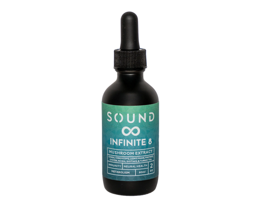 Infinite 8 Blend bottle with eight featured mushrooms