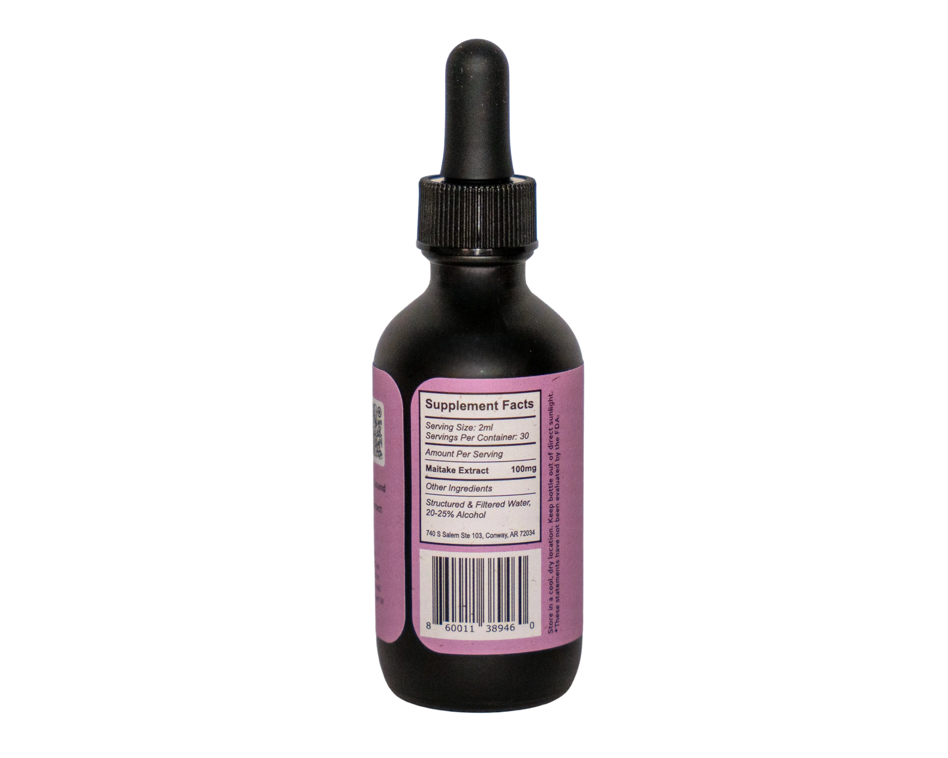 maitake nutrition labels on back of purple dropper bottle