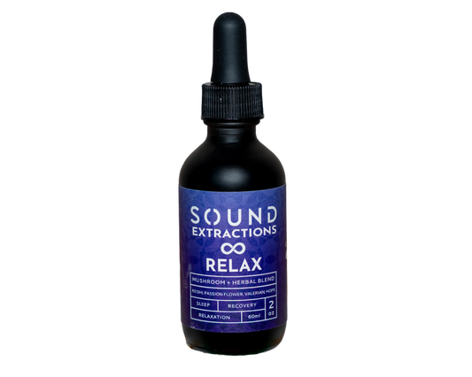 60ml dropper of Relax Blend in a calm natural setting